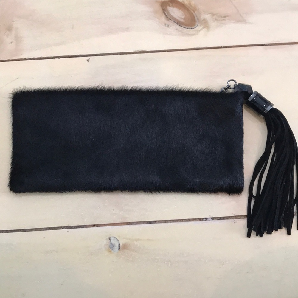 Rafe New York Clutch Purse Black Cowhide and Leather Beaded Tassels